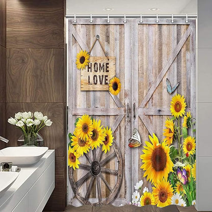 Rustic Spring Summer Sunflowers Butterfly Shower Curtain for Bathroom, Wooden Board Western Barn Door Farmhouse Bath Curtain, Fabric Vintage Daisy Floral Botanical Decor Curtain with Hooks, 54X70IN