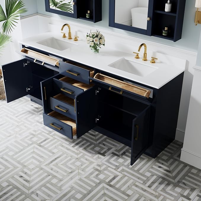 80-Inch Bathroom Vanity with Double Sinks W/ 4 Doors & 4 Drawers & 2 Flip Drawers, Navy Blue Vanity W/Brushed Gold Handles
