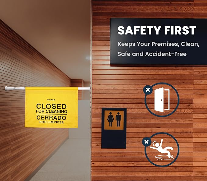Alpine Restroom Closed for Cleaning Sign - Caution Door Barricade Signs, English & Spanish Yellow Safety Hanging Sign for Commercial Bathrooms Maintenance