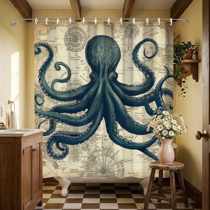 Vintage Nautical Octopus Steampunk Shower Curtain Set 72x72 Inches | Vintage Octopus World Map Steampunk Print, Coastal Retro Home Guest Housewarming Nautical Lover Bath Decor, With Fabric Hooks