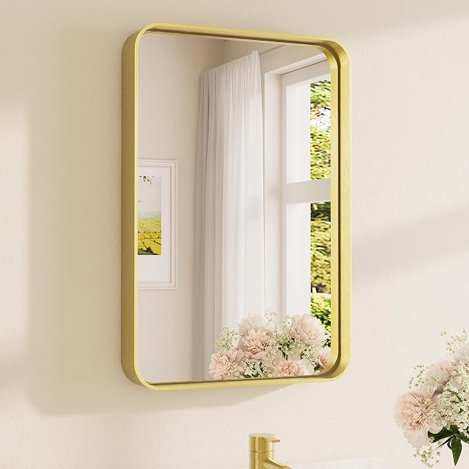 16 x 24 Inch Brushed Gold Frame Mirror, Brass Gold Bathroom Vanity Mirror for Wall, 2 Inch Thick Modern Round Corner Rectangle Framed Mirror (Horizontal/Vertical)