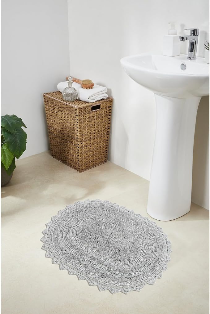 Better Trends Lilly Crochet 17x24 Oval Bath Rugs & Reversible Bath Rugs, Bath mats for Bathroom, Luxurious 100% Cotton Bath Rug & Water Absorbent Bathroom Mat- Grey Bath Matt
