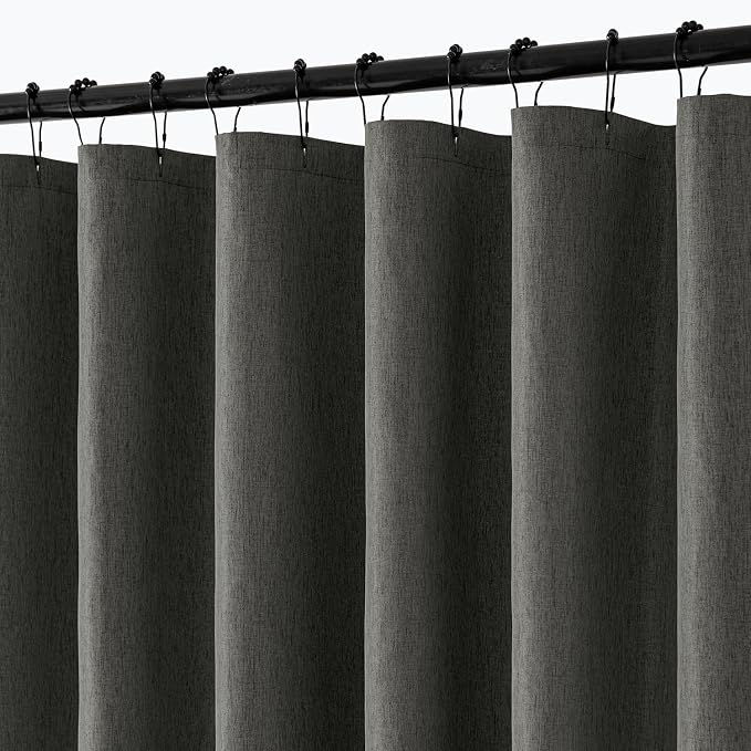 ANRODUO Dark Grey Linen Textured Fabric Shower Curtain Set - W72xL72 | Farmhouse Shower Curtain with 12 Metal Hooks, Waterproof Heavy Duty, Button Hole Design, Machine Washable for Bathroom