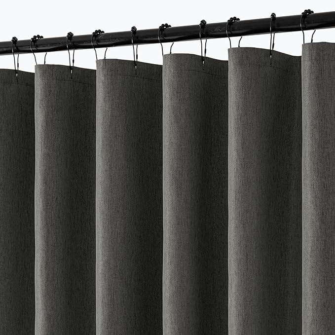 ANRODUO Dark Grey Linen Textured Fabric Shower Curtain Set - W72xL84 | Farmhouse Shower Curtain with 12 Metal Hooks, Waterproof Heavy Duty, Button Hole Design, Machine Washable for Bathroom