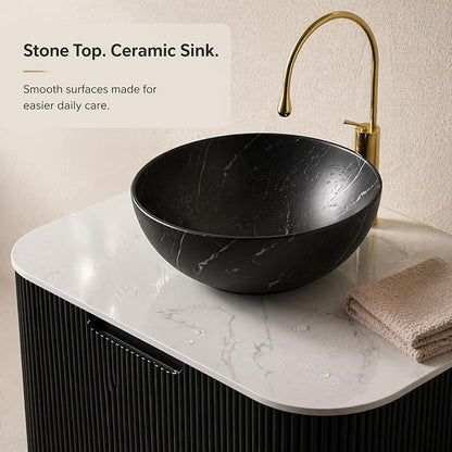 24 Inch Bathroom Vanity with Sink, Floating Wall Mounted Single Sink Vanity for Small Baths, Black Curved Fluted Front, Stone Top, Black Marble Vessel Basin, Pre-Assembled