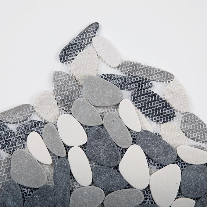 Grey Pebble Tile for Shower Floor, 12"x12" Backsplash Tiles, 5 SqFt | Slip-resistant Sliced Pebble Mosaic for Bathroom, Kitchen, Walls & Outdoor Areas, Mesh-Backed Easy to Install, Long Oval