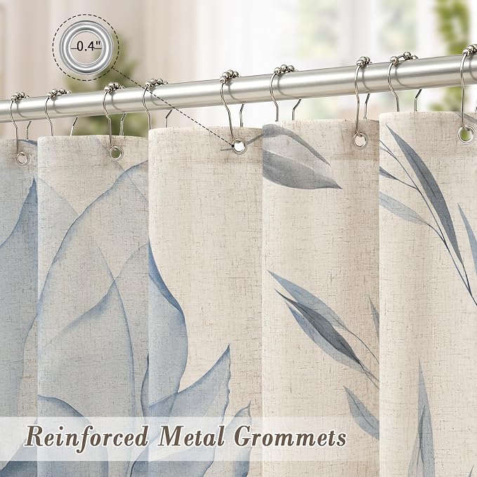 Blue Floral Linen Shower Curtain, Watercolor Botanical Design, 36 x 72 | Boho Floral Design, Watercolor Botanical Style, Ink Painting Flowers & Leaves, Linen Blend Fabric Curtain