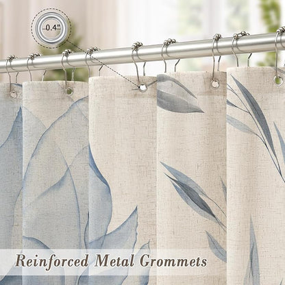 Blue Floral Linen Shower Curtain, Watercolor Botanical Design, 36 x 72 | Boho Floral Design, Watercolor Botanical Style, Ink Painting Flowers & Leaves, Linen Blend Fabric Curtain