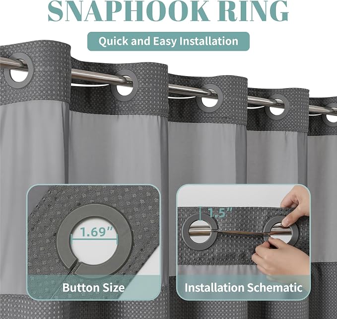 No Hook Waffle Shower Curtain with Snap-in Liner, 71x80 Inch, Charcoal | 230 GSM waffle weave fabric, waterproof liner set with 2 bottom magnets, mesh top window, washable, for bathroom or hotel use