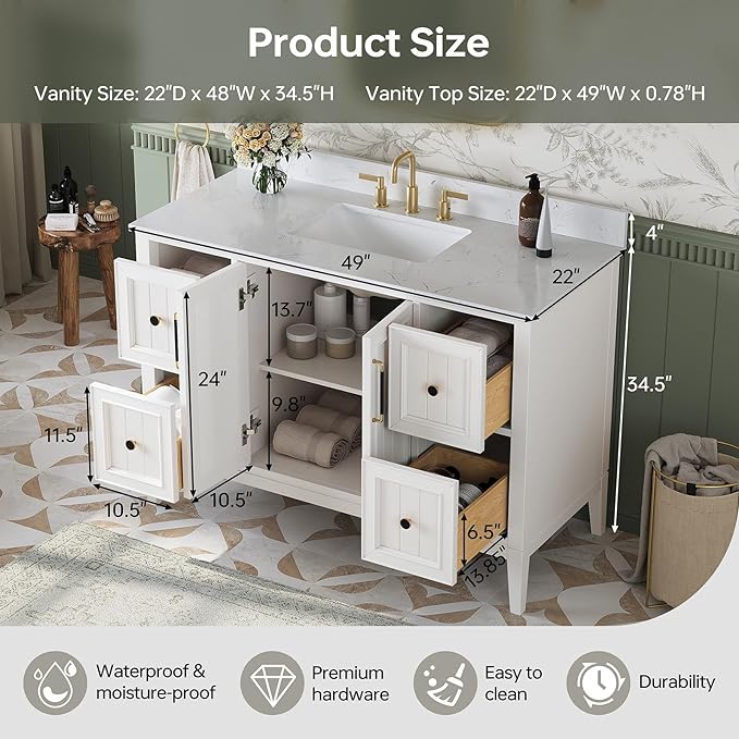 48 Inch Bathroom Vanity with Sink, Fully Assembled Solid Wood Bathroom Vanities with Engineered Stone Top, 48 Inch Modern Vanity, 2 Soft Closing Doors & 4 Dovetail Drawers, White