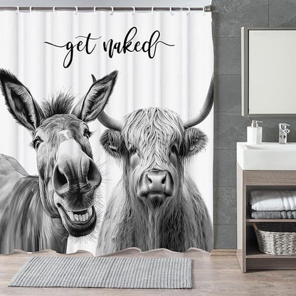 Funny Farmhouse Shower Curtain,Grey Donkey with Cow Get Naked Waterproof Shower Curtain with Hooks, Farm Animal Fabric Shower Curtains for Bathroom Decor 72X72inches