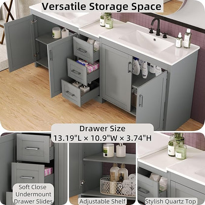 Merax 84 Inch Double Sink Bathroom Vanity with Quartz Countertop & Ceramic Basins, Bathroom Sink Vanity with Large Storage, Adjustable Shelves, 3 Drawers, Soft Close Hinges, Silver Handles, Grey