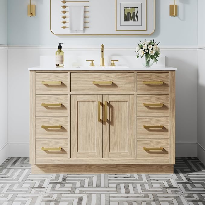 48-Inch Bathroom Vanity with Sink W/ 2 Doors & 8 Drawers & 1 Flip Drawer, Oak Vanity W/Brushed Gold Handles