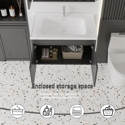 32'' Bathroom Vanity with Ceramic Sink Combo, Wall Mounted Small Bathroom Vanity with Soft-Close Door Modern Floating Cabinet, Pop-up Drain, P-Trap Included, GreyWalnut(No Faucet)