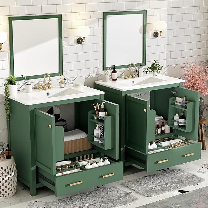 LUMISOL 60" Bathroom Vanity with Double Sink, Solid Wood Bathroom Sink Cabinet with Divided Drawers, Storage Racks & Cabinets, Separate 2 Bathroom Vanities with Double Ceramic Sinks, Green