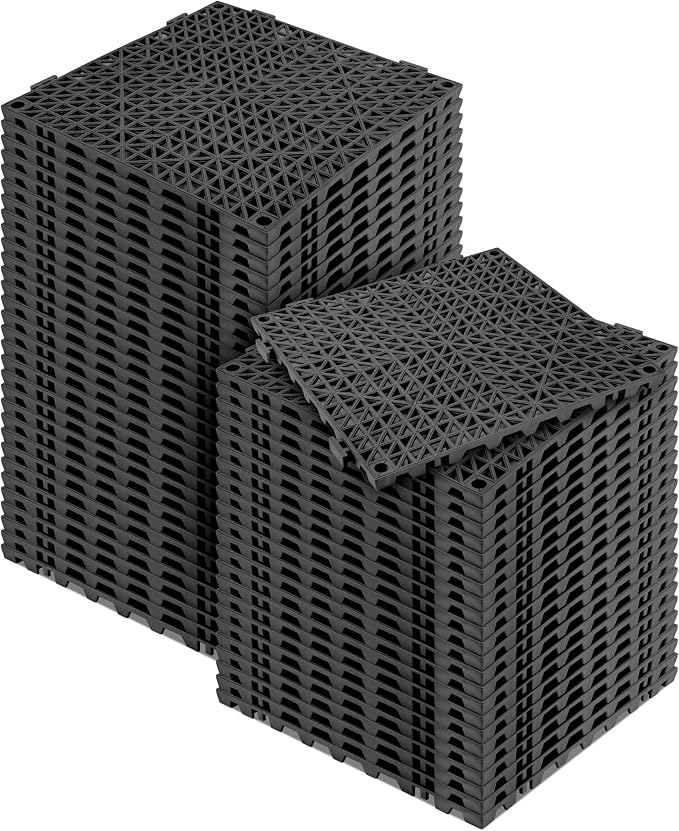 Modular Interlocking Cushion 55 Pack 11.8" x 11.8" Rubber Floor Tiles Non-Slip Splicing Drainage Mats for Deck, Pool, Outdoor Shower, Patio, Balcony, Indoor Bathroom, Kitchen, Yard (Black)