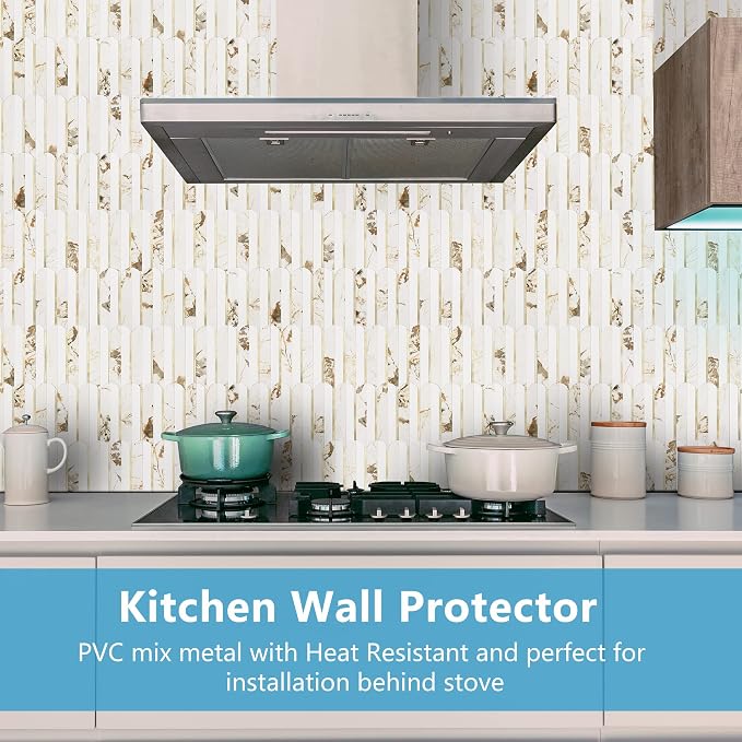Vamos Tile Peel and Stick Backsplash Seamless Tile,10-Sheet Fish Scale Tile | Stick on Backsplash for Kitchen & Bathroom,White Marble Look PVC+Metal Gold Self Adhesive Mosaic Wall Tiles,11.9''x10.8''