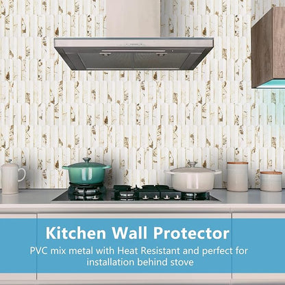 Vamos Tile Peel and Stick Backsplash Seamless Tile,10-Sheet Fish Scale Tile | Stick on Backsplash for Kitchen & Bathroom,White Marble Look PVC+Metal Gold Self Adhesive Mosaic Wall Tiles,11.9''x10.8''