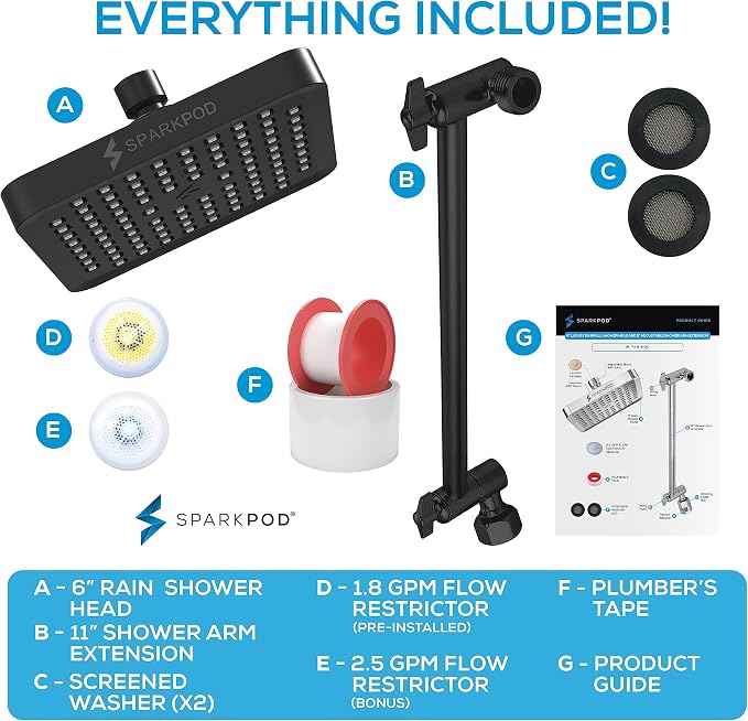 SparkPod 6" Square Rain Shower Head with 11" Shower Arm | Shower Head & Extension Arm Combo, Height Adjustable, High Pressure Performance, Easy 1-Minute Installation, Black Matte