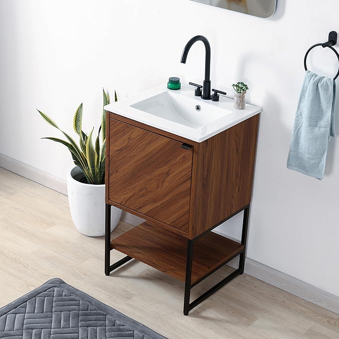 JONATHAN Y VAN1012B Juhl 20 in. W x 18 in. D x 33 in. H Chevron-Front Modern Minimalist 2-Shelf Bathroom Vanity Cabinet Only with Soft Closing Doors (Sink Basin Not Included), Walnut