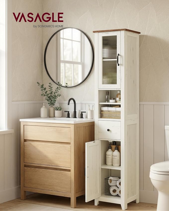 VASAGLE LIRY Collection -Tall Bathroom Cabinet, Farmhouse Freestanding Storage Cupboard with Drawer and Doors, Narrow Space Saver, 13 x 12.4 x 67.3 inch,Rustic White and Honey Brown, UBBK660W101S