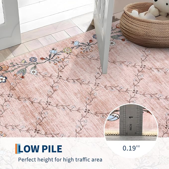 2x6 Modern Floral Area Rug Washable Runner Rug for Hallway Non Slip Low-Pile Stain Resistant Soft Non-Shedding Bathroom Rugs for Nursery Office Dining Room Entryway，Pink