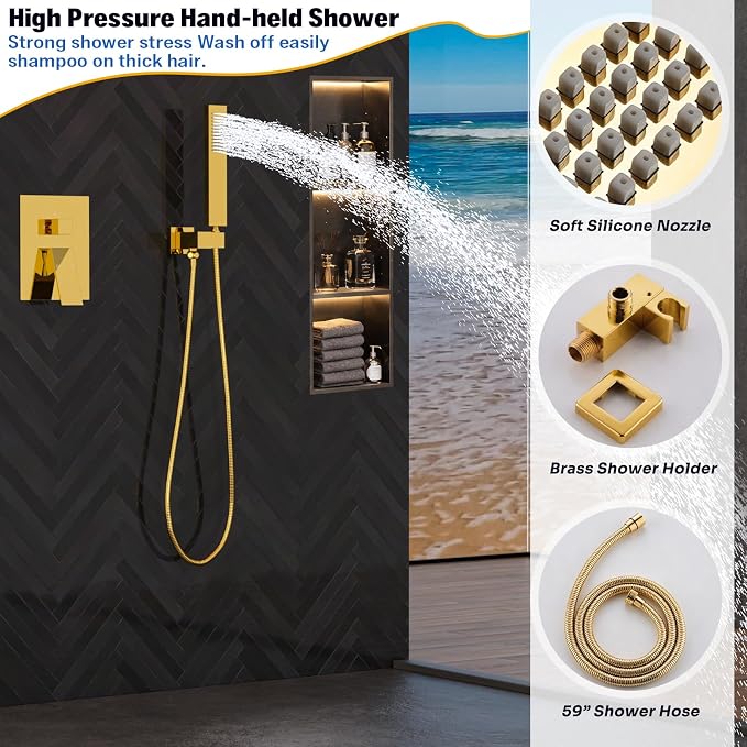 ENGA Bright Gold Dual Rain Shower Head System, 2 In 1 Functions Ceiling Mount 14x20inch LED Shower Head with 6 Inch Shower Head, Rainfall Waterfall Shower Faucet Set