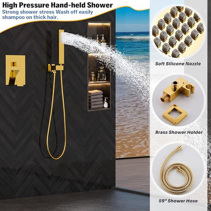 ENGA Bright Gold Dual Rain Shower Head System, 2 In 1 Functions Ceiling Mount 14x20inch LED Shower Head with 6 Inch Shower Head, Rainfall Waterfall Shower Faucet Set