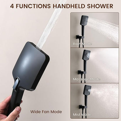 MONDAWE 12 Inch Wall Mounted Matte Black Shower System, 3-Function Shower Faucet Set with Rainfall Dual Shower Head and High Pressure 4-Setting Handheld, All Functions Can be Used At the Same Time