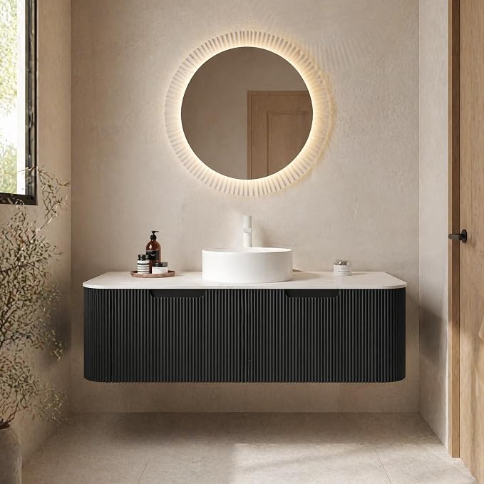 48 Inch Bathroom Vanity with Sink, Floating Wall Mounted Single Sink Vanity, Black Curved Fluted Front, Stone Top, Pure White Round Vessel Basin, Pre-Assembled