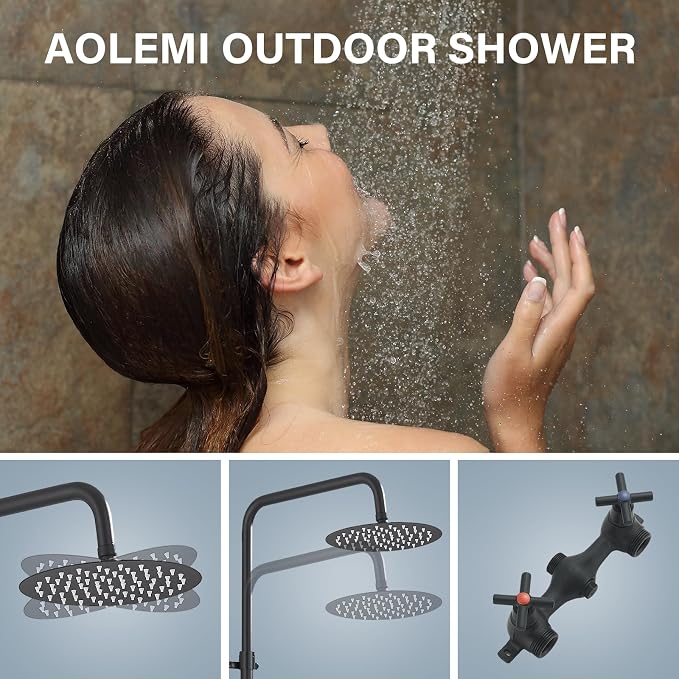 Outdoor Shower Kit with Matte Black 8 Inch Stainless Steel Rain Shower Head and Double-Handle Cross Handwheel,Adjustable Height Outdoor Shower Fixtures