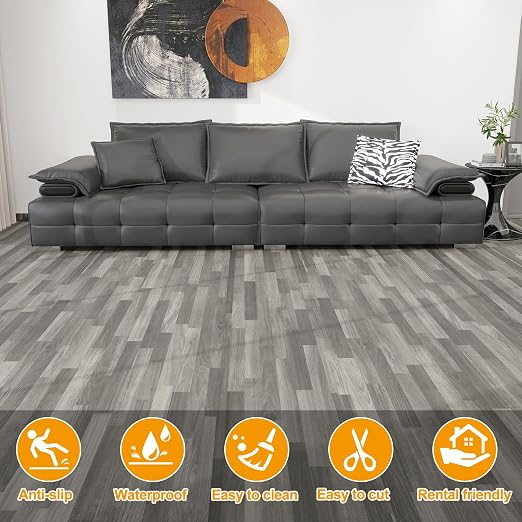 Countewol Stick Vinyl Flooring Roll, Dark Grey Spliced Wood Grain PVC Floor Sheet, Waterproof Scratch Resistant Self Adhesive Flooring for Indoor Home, Camper & Rental House