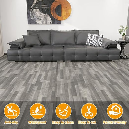 Countewol Stick Vinyl Flooring Roll, Dark Grey Spliced Wood Grain PVC Floor Sheet, Waterproof Scratch Resistant Self Adhesive Flooring for Indoor Home, Camper & Rental House