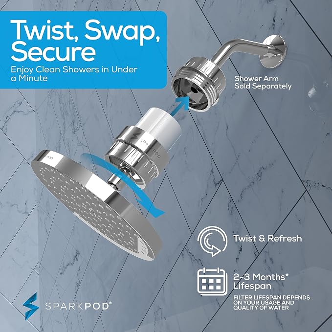 SparkPod Filtered Shower Head, 23-Stage, 8" Round, Polished Chrome | Showerhead for Hard Water, High Pressure, Reduces Chlorine, Heavy Metals, For Dry Skin & Hair, Removable Capsule Filter