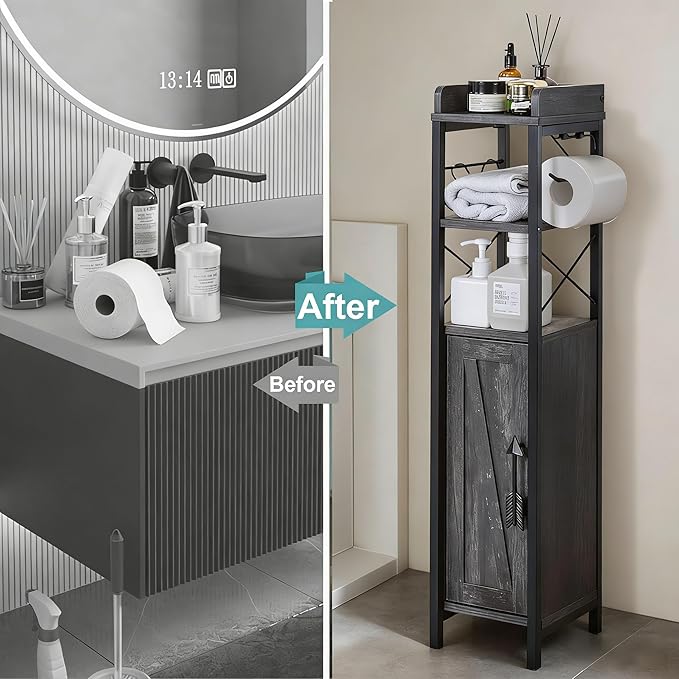 VECELO Small Bathroom Cabinet, Slim Toilet Paper Holder with Magnetic Door&2 Shelves, Narrow Storage Organizer for Bathroom Restroom Tiny Space, Fenced Top Waterproof Board, Coal Grey