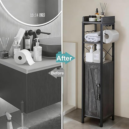 VECELO Small Bathroom Cabinet, Slim Toilet Paper Holder with Magnetic Door&2 Shelves, Narrow Storage Organizer for Bathroom Restroom Tiny Space, Fenced Top Waterproof Board, Coal Grey