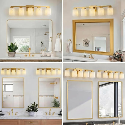 5-Light Square Bathroom Light Fixture, Gold Modern Vanity Light with White Marble Glass Shade, for Bathroom Mirror, Living Room, Bedroom, Hallway, E26 Base