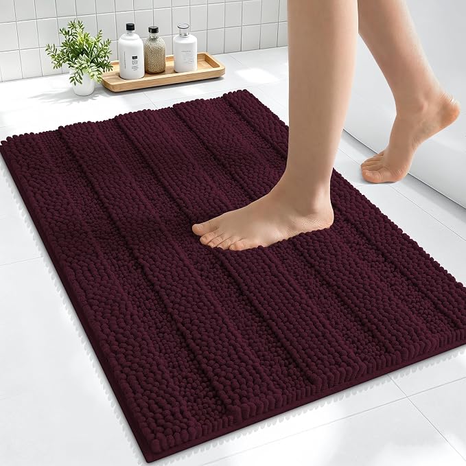 Smiry Thick Small Chenille Bathroom Rugs 24x16, Soft Bath Mat, Black Cherry | Quick‑Dry & Machine Washable, Non‑Slip Bath Carpet, Striped Bath Rugs for Tub & Shower, Modern Home Decor Accessories