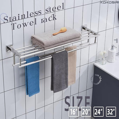 KOKOSIRI Bathroom Towel Rack Towel Holder 32 Inches Bath Towel Shelf with Double Towel Bars Wall Mounted, Polished Chrome Stainless Steel B6005CH-L32