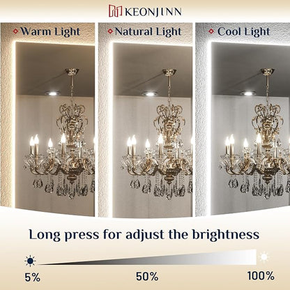Keonjinn 60" x 36" LED Backlit Mirror Bathroom, Safe HD Tempered Glass | 3000K/4500K/6000K, Dimmable, Auto-OFF Defogging, Secure French Cleat Installation, Oversized Lighted Bathroom Mirror for Wall