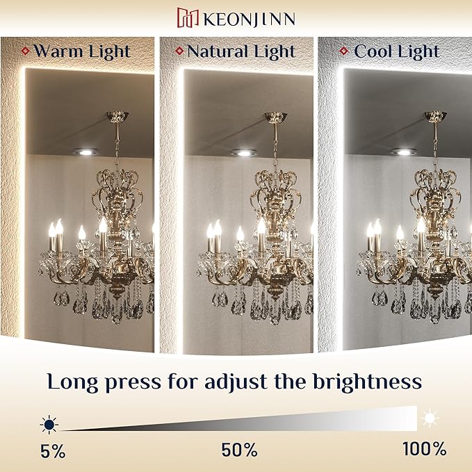 Keonjinn Backlit Mirror Bathroom 24x32 Inch, Tempered Glass, 3 Color Lights | Safe Defogging, High Lumen, Dimmable, French Cleat, Hardwired/Plug in, Smart LED Mirror for Bathroom, Salon, Powder Room