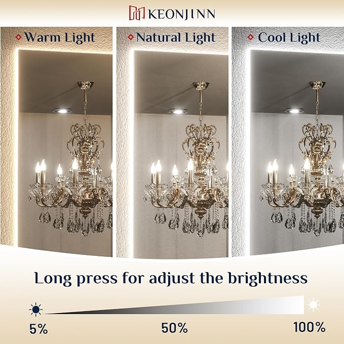 Keonjinn Backlit Mirror 40 x 32 Inch LED Mirror Bathroom Vanity Mirror with Lights 3-Color Warm/Natural/White High Lumens 6418LM, Anti-Fog Wall Mounted Dimmable Lighted Makeup Mirror | Dimmable 3 Color Lights, High Lumen, Auto-OFF Defogging, Secure Fre...
