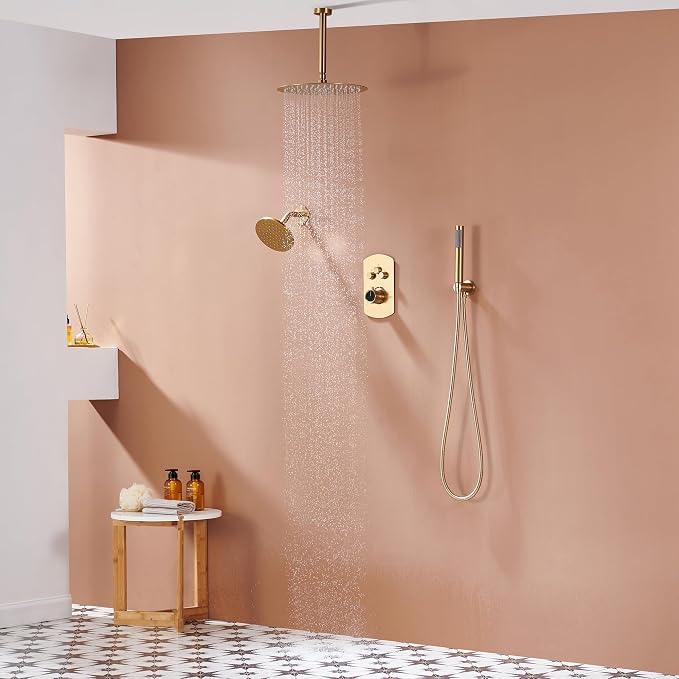 MONDAWE 12 Inch Ceiling Mounted Brushed Gold Shower System, 3-Functions Shower Faucet Set with Rainfall Dual Shower Head and High Pressure Handheld Spray, All Function Can be Used At the Same Time