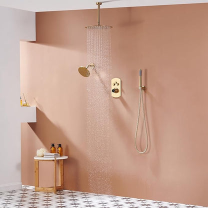 MONDAWE 12 Inch Ceiling Mounted Brushed Gold Shower System, 3-Functions Shower Faucet Set with Rainfall Dual Shower Head and High Pressure Handheld Spray, All Function Can be Used At the Same Time