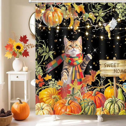 Shower Curtain Fall, Thanksgiving Shower Curtain for Bathroom 72x72 | Harvest Grape Pumpkin Shower Curtains Scarf Cat Autumn Maple Leaves Waterproof Washable Home Farmhouse Decor Bath Curtains