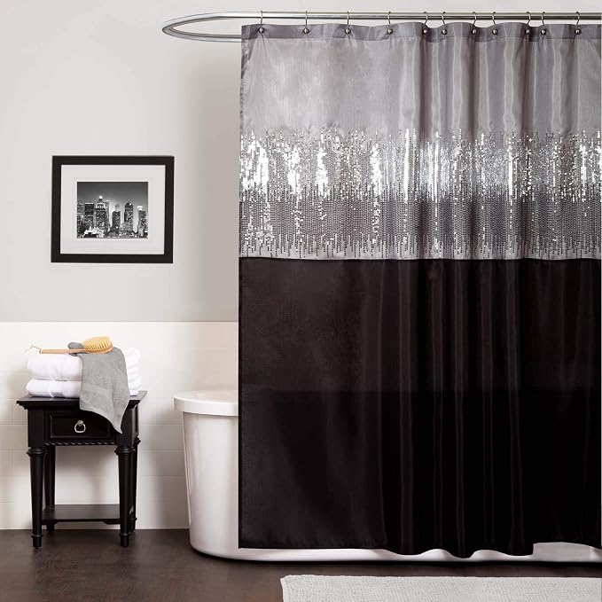 Lush Decor Night Sky Shower Curtain, Single, 72" W x 72" L, Black & Gray - Sequin Shower Curtain - Sparkly Color Block Bath Curtain - Modern Glam Bathroom Decor