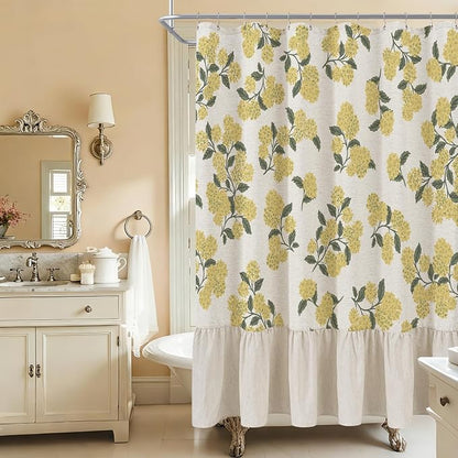 ORTIGIA Linen Textured Ruffle Shower Curtain with Metal Hooks, Vintage Yellow Hydrangea Floral Boho Waterproof Bath Curtain for Rustic Farmhouse Bathroom Decor 72x72 Inch