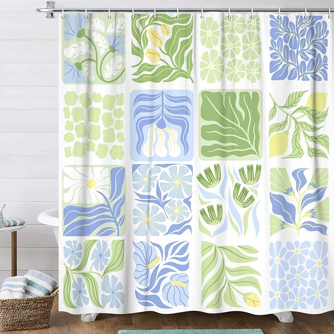 JAWO Blue Cute Boho Floral Shower Curtain, Colorful Abstract Floral Retro Aesthetic Shower Curtain for Bathroom, Funky Unique Waterproof Fabric Polyester Bath Curtains Decor with Hooks,47Wx64H