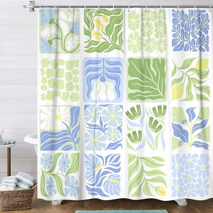 JAWO Blue Cute Boho Floral Shower Curtain, Colorful Abstract Floral Retro Aesthetic Shower Curtain for Bathroom, Funky Unique Waterproof Fabric Polyester Bath Curtains Decor with Hooks,47Wx64H