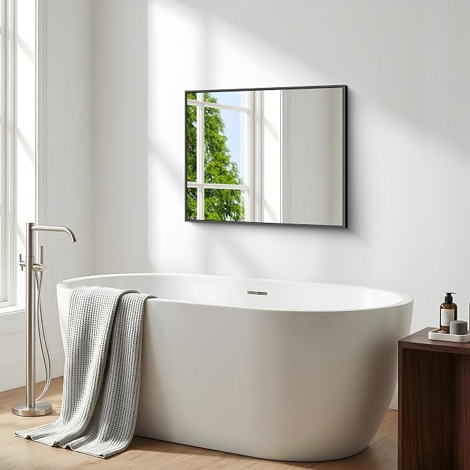 BONEWEI Bathroom Mirror,24x30 inch Wall Mirror for Bathroom Wall Mounted Black Rectangle Square Corner Mirrors,Black Bathroom Mirror for Living Room,Farmhouse,Bedroom Entryway,Horizontal/Vertical